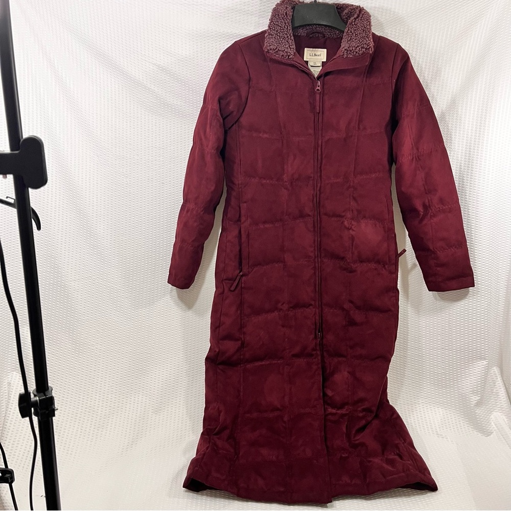 L.L. Bean Long Quilted Puffer Coat in Burgundy